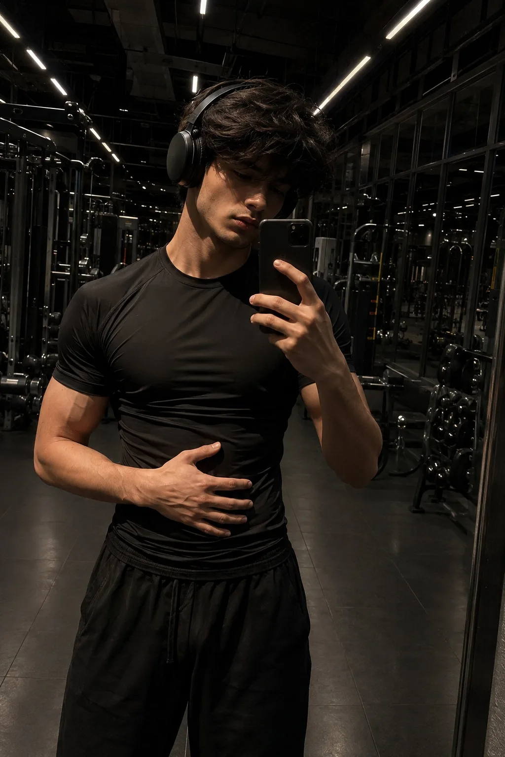 A strikingly handsome young male fitness model taking a mirror selfie inside a premium luxury gym during late-night hours, captured in an