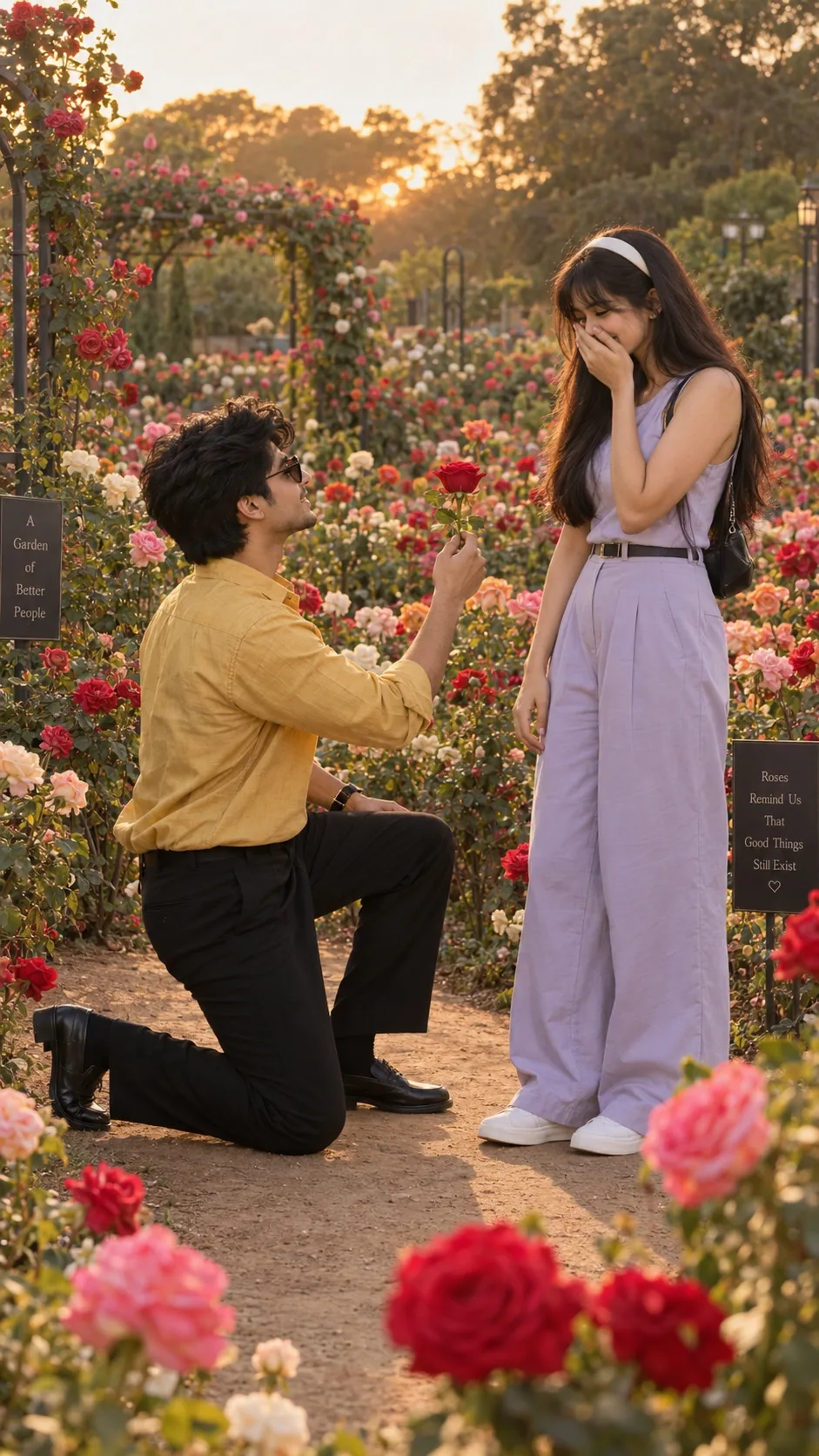 Ultra-realistic cinematic romantic portrait of a young South Asian couple in a beautiful rose garden during golden hour.
