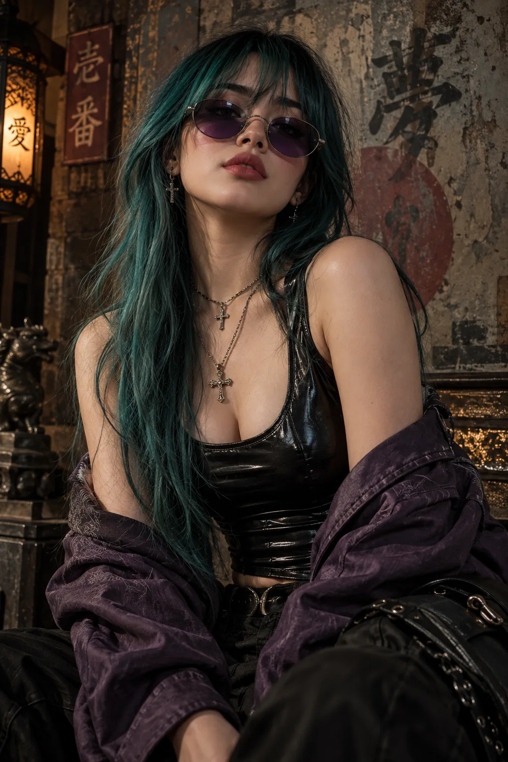 Ultra-detailed cinematic portrait of a stylish young woman with long teal-green hair and bangs, wearing purple-tinted oval sunglasses,