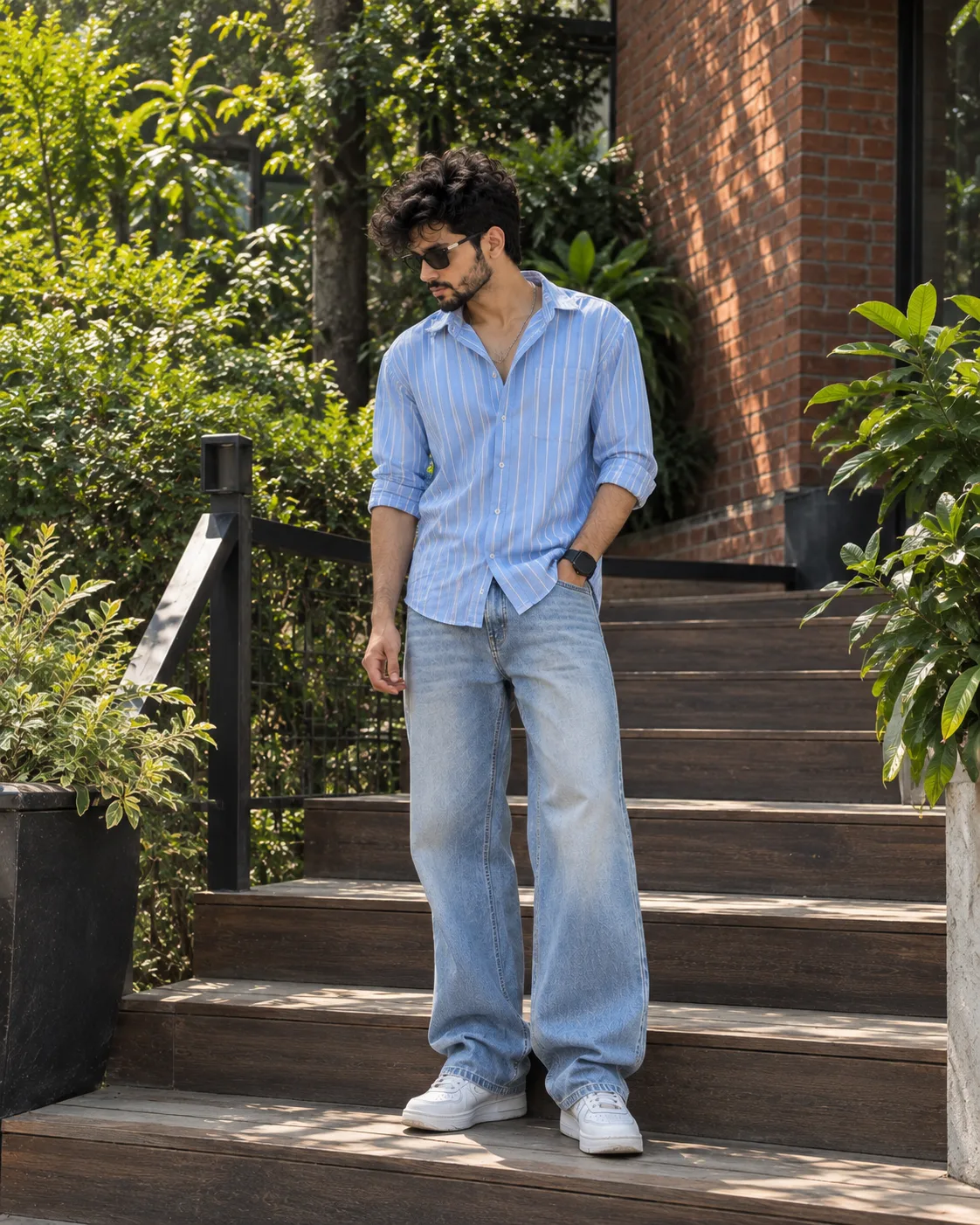 Ultra-realistic full-body portrait of the same young man, light blue striped shirt, light blue loose jeans, white sneakers, silver chain,