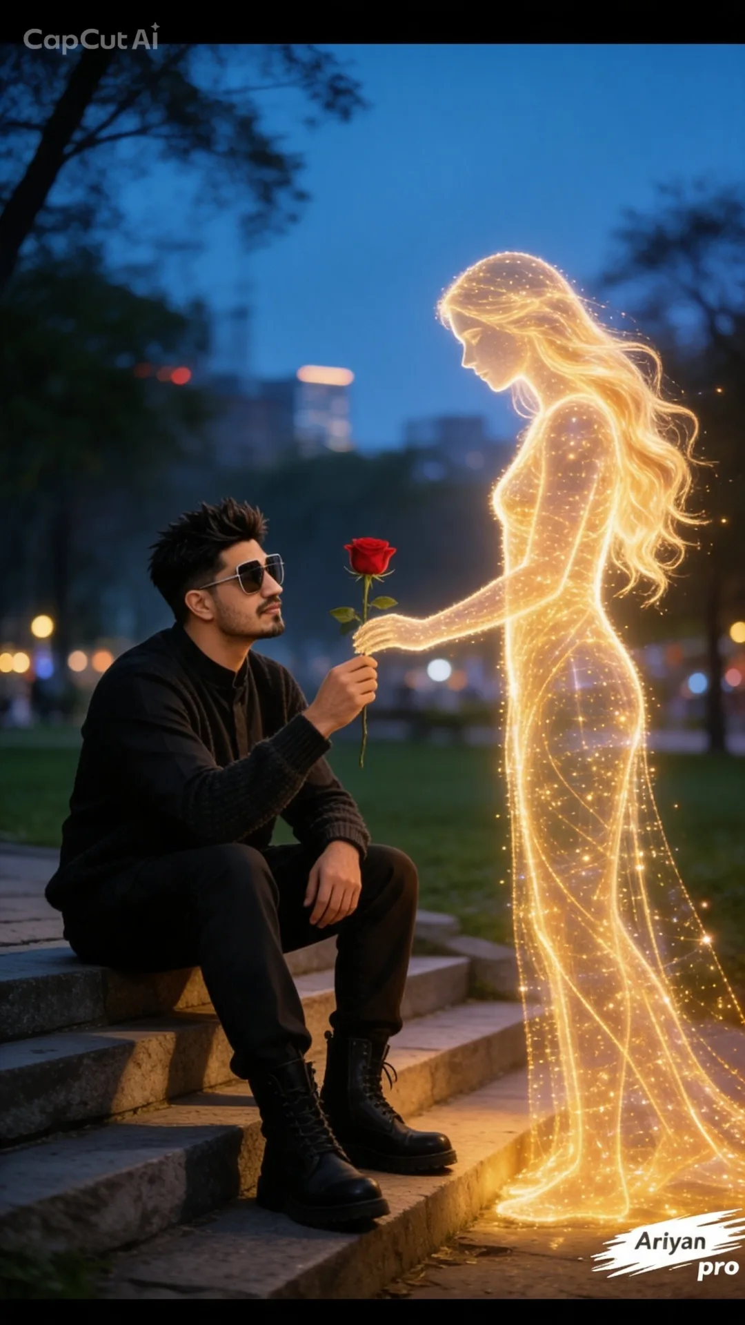 Magical realism style. A young man sitting on stone steps in a park at night, looking thoughtfully at an ethereal female figure sitting