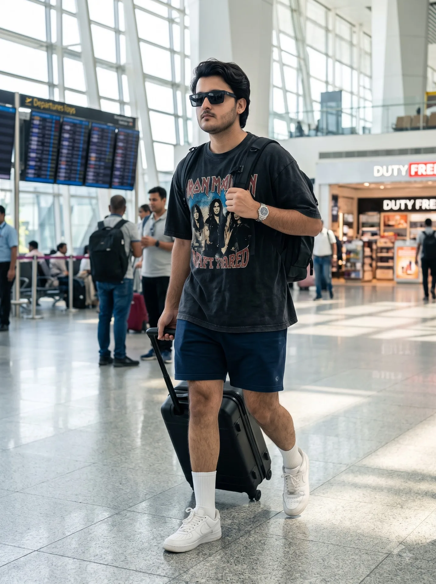 Full-body shot of a stylish South Asian man walking confidently through a modern airport terminal.