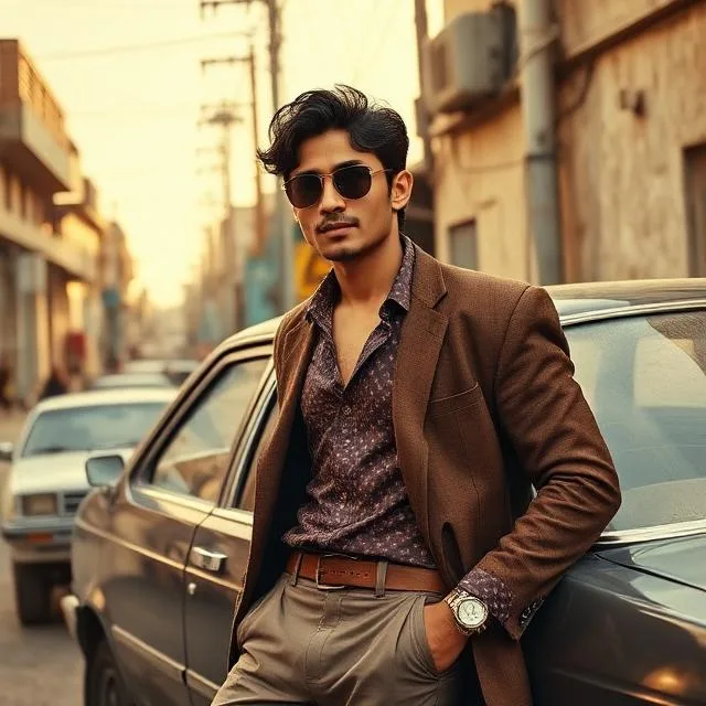 A cinematic, hyper-photorealistic portrait of a handsome young South Asian man leaning casually against the front side of a classic vintage