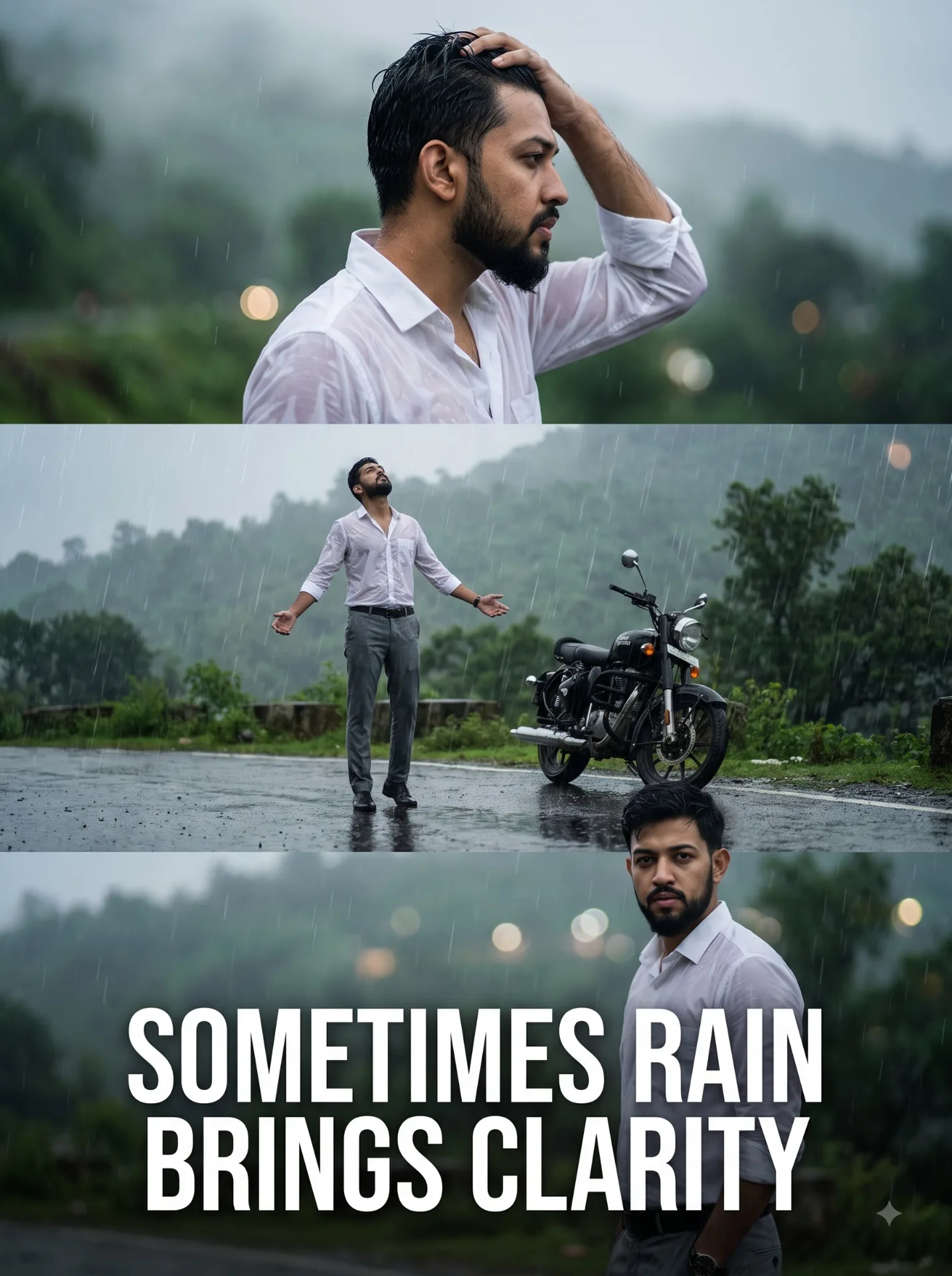 “Cinematic rainy-day poster, my realistic face in all 3 poses, white shirt + grey pants, wet road, misty greenery, black bike, soft bokeh,