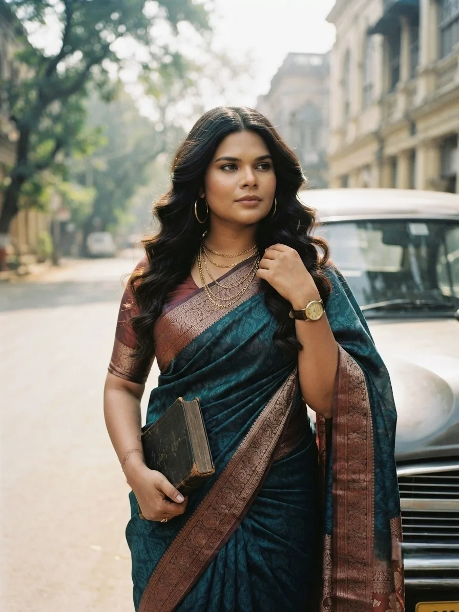 Photorealistic vintage 1980s cinematic portrait of a beautiful South Asian woman with voluminous wavy black hair, wearing a traditional
