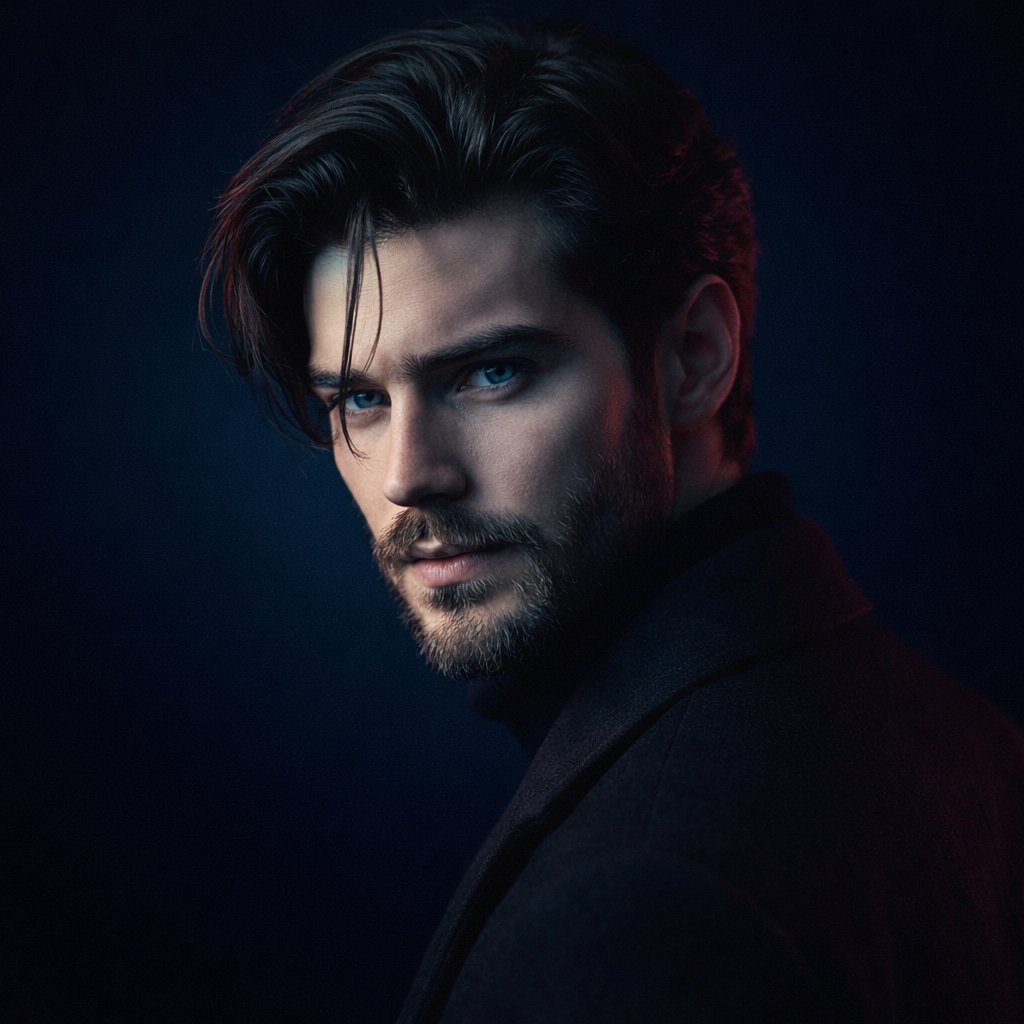 Cinematic portrait of a handsome young man with sharp blue eyes, tousled dark brown hair swept back with a loose strand falling forward,