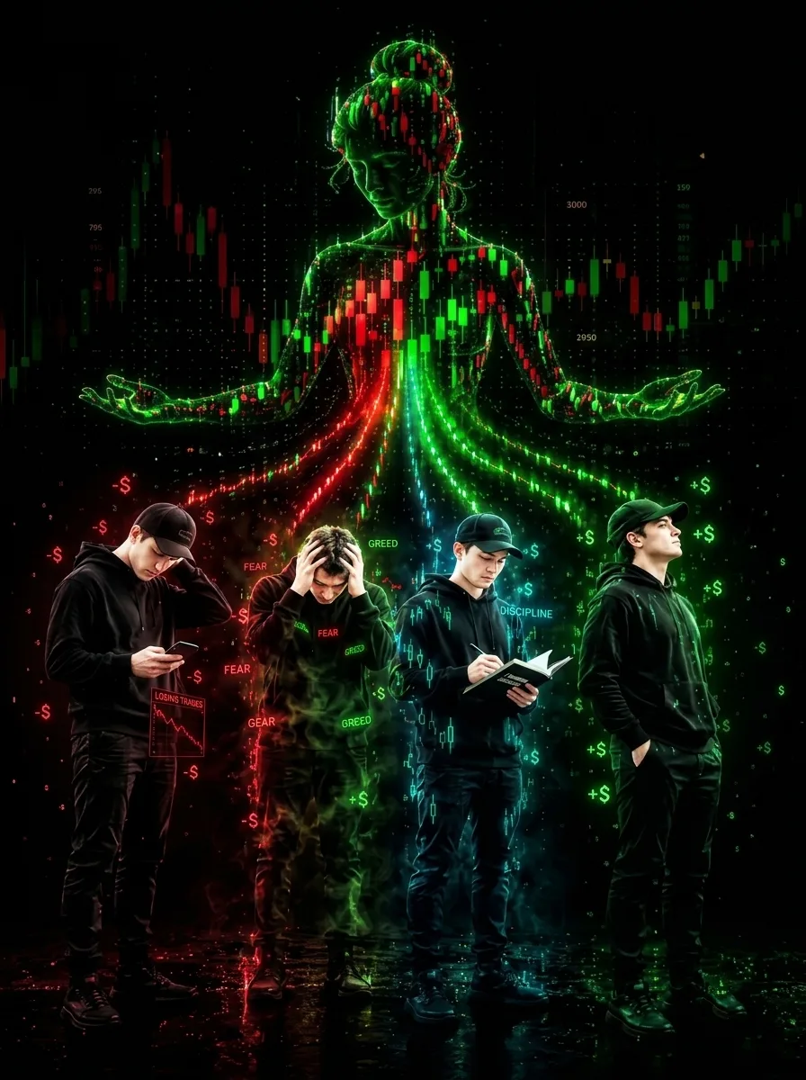 A high-quality 9:16 aspect ratio concept art depicting trading psychology.