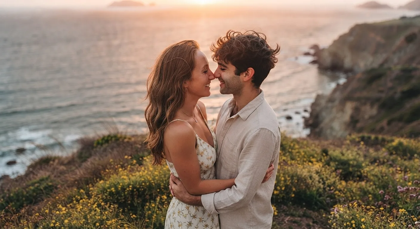 A romantic, golden hour portrait photograph featuring a young couple standing on a rugged coastal cliffside.