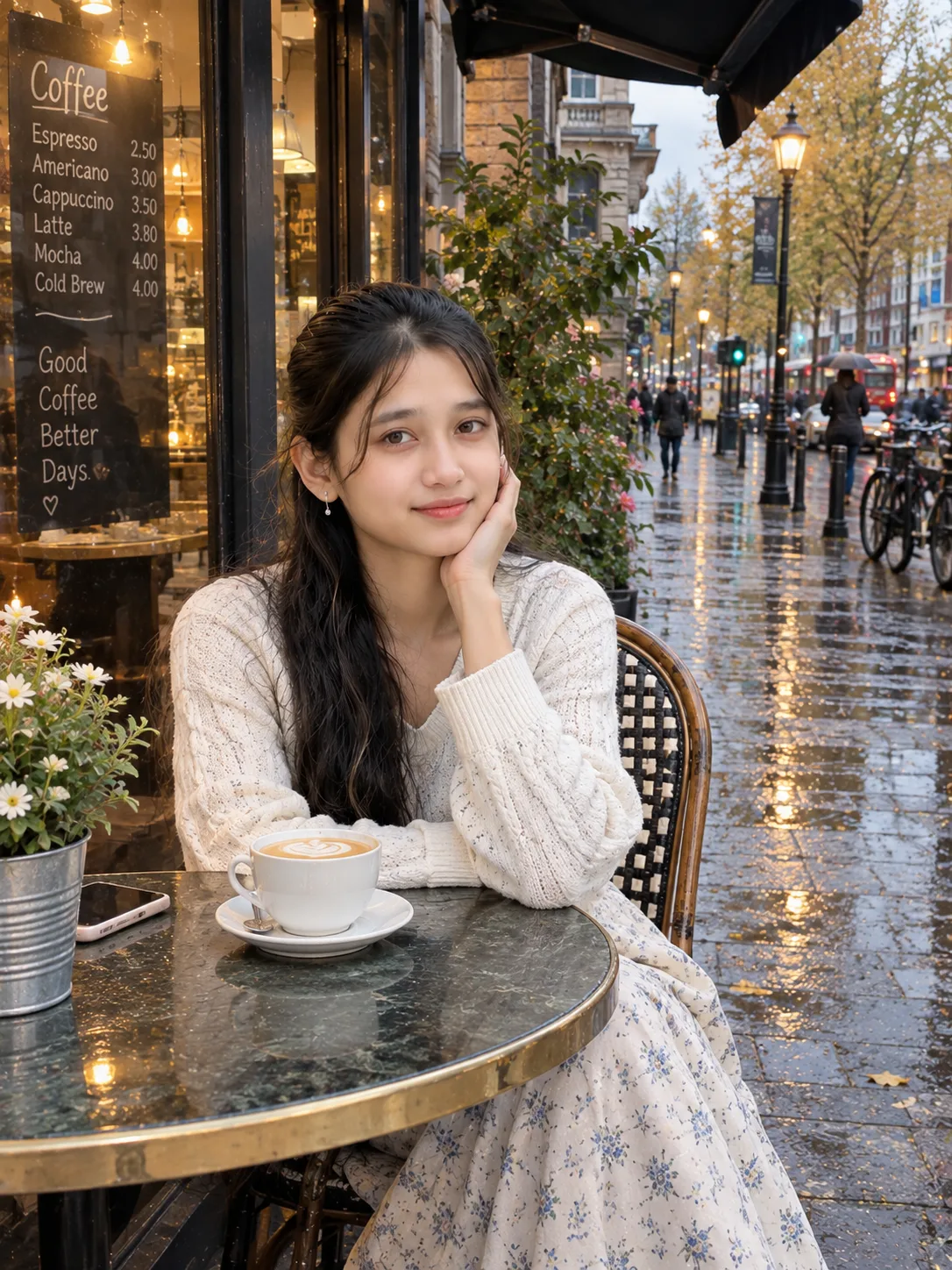 Ultra realistic photograph of a young woman sitting naturally outside a small European-style café on a rainy evening, shot on a real DSLR