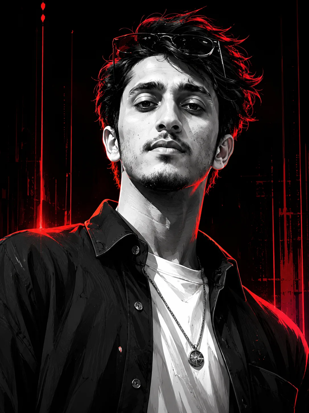 Ultra-detailed cinematic portrait of a confident young man, low-angle view, messy black hair, light stubble, black-and-white monochrome