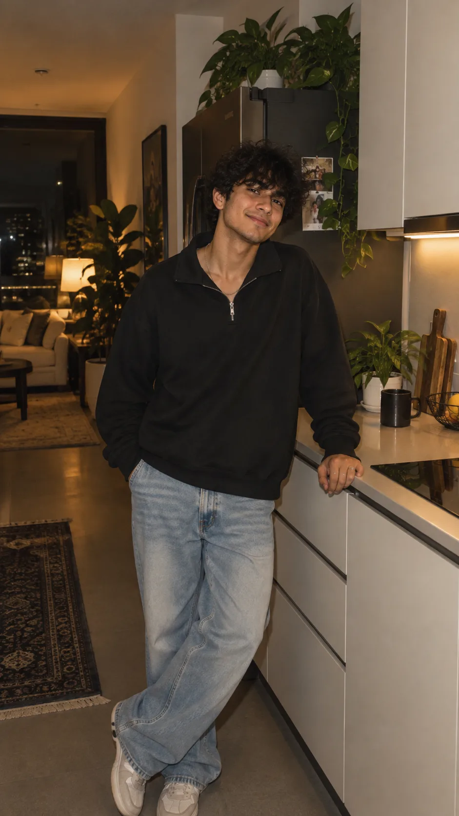 A cinematic lifestyle portrait of a stylish young man standing casually inside a modern apartment kitchen at night.