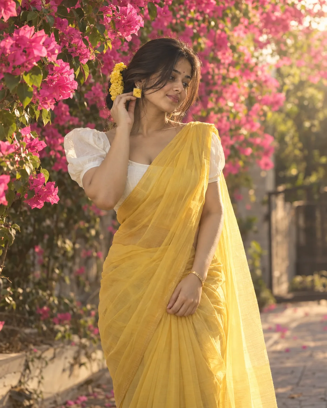 A HIGHLY REALISTIC PORTRAIT OF A YOUNG SOUTH ASIAN WOMAN STANDING OUTDOORS IN FRONT OF A BACKGROUND FILLED WITH BLOOMING PINK BOUGAINVILLEA