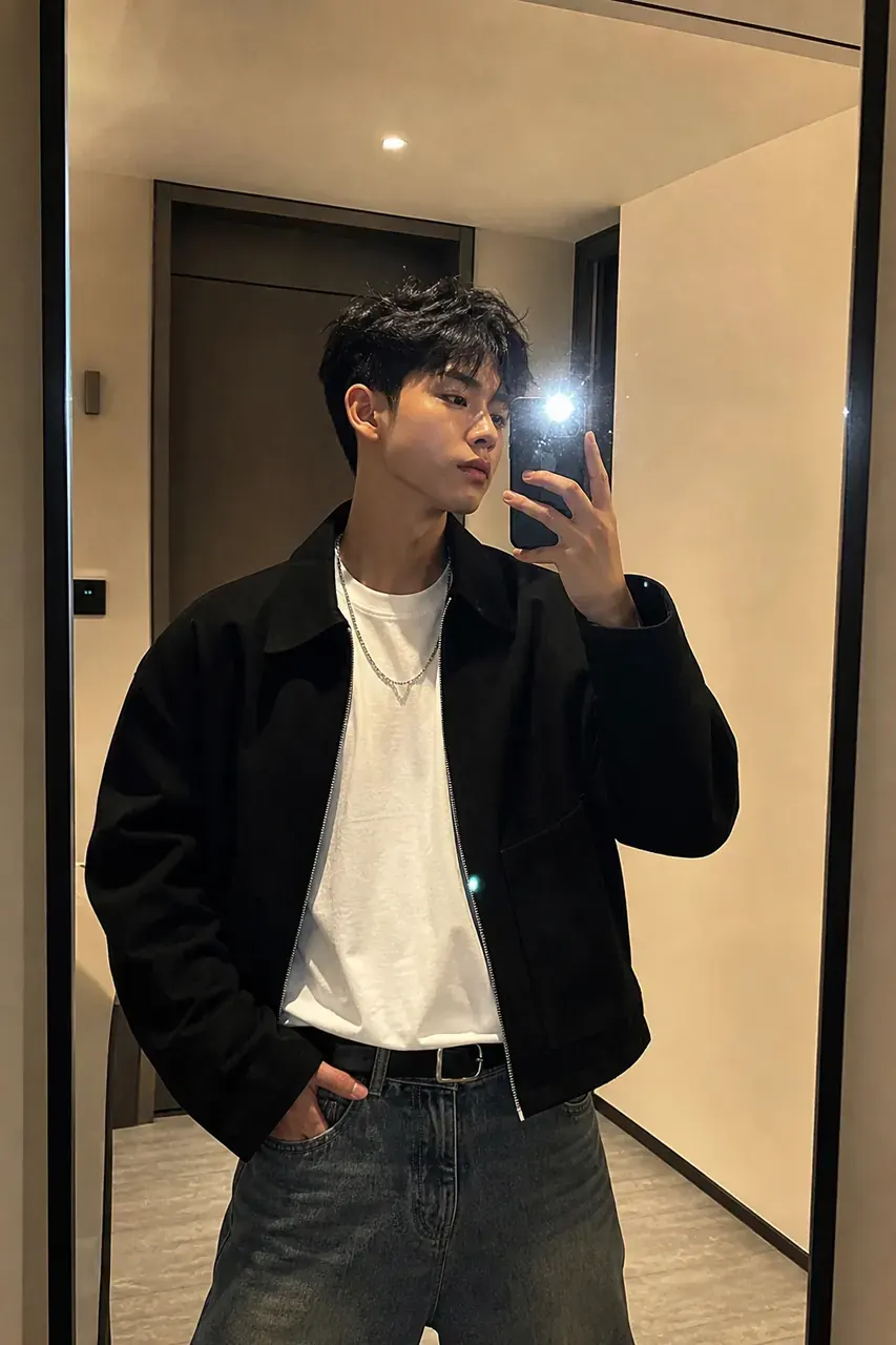 Transform the uploaded adult male selfie into a stylish mirror selfie portrait.