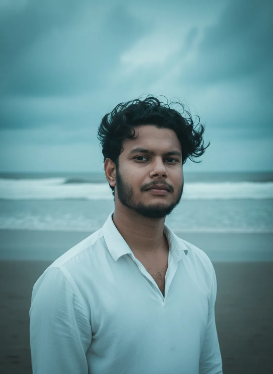 Prompt: A hyper-realistic cinematic portrait of a 26-year-old South Asian man with expressive dark eyes, neatly styled curly black hair,