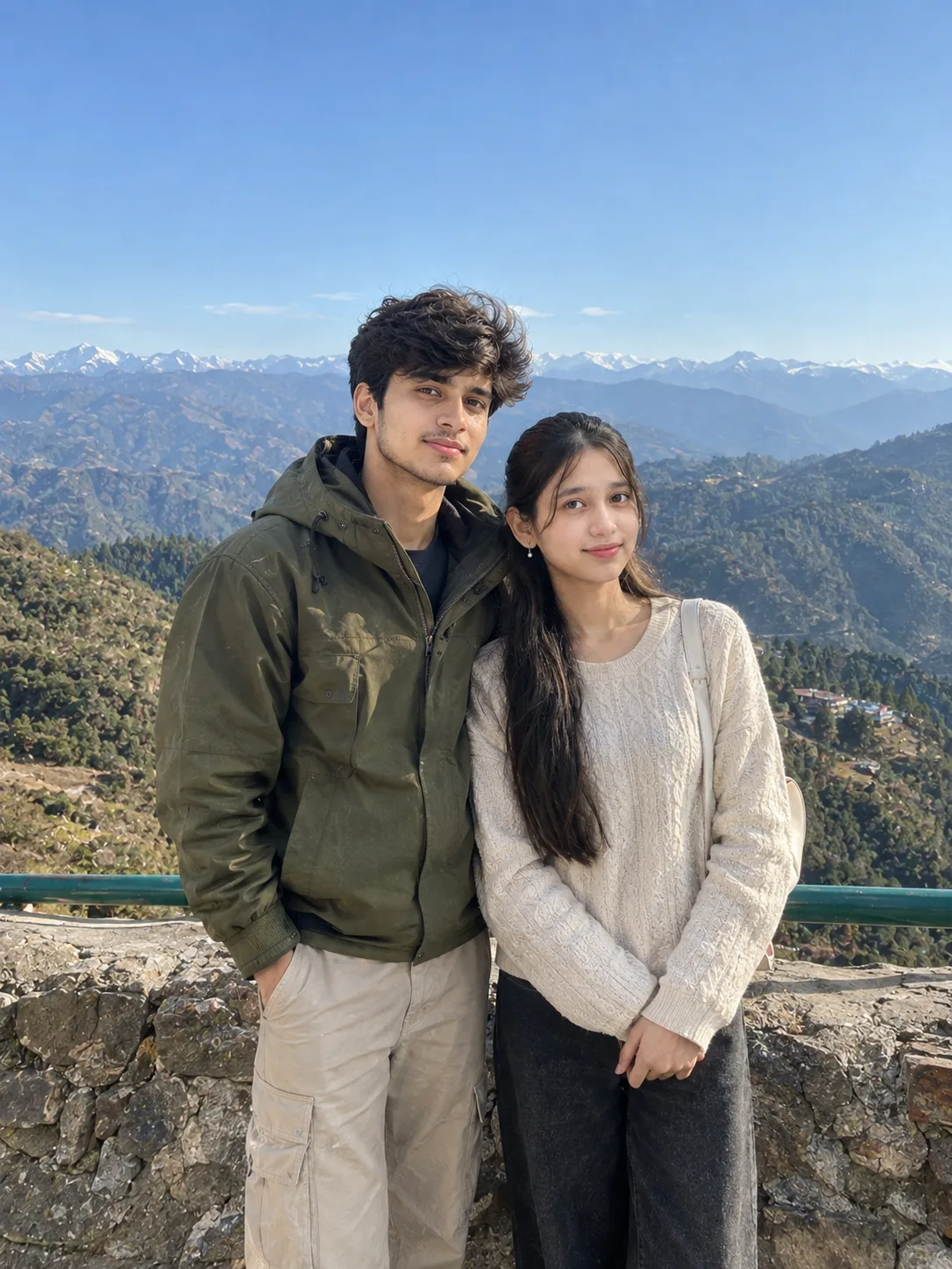 Ultra realistic photograph of a young man and a young woman standing together on a mountain viewpoint during daytime, shot on a real DSLR