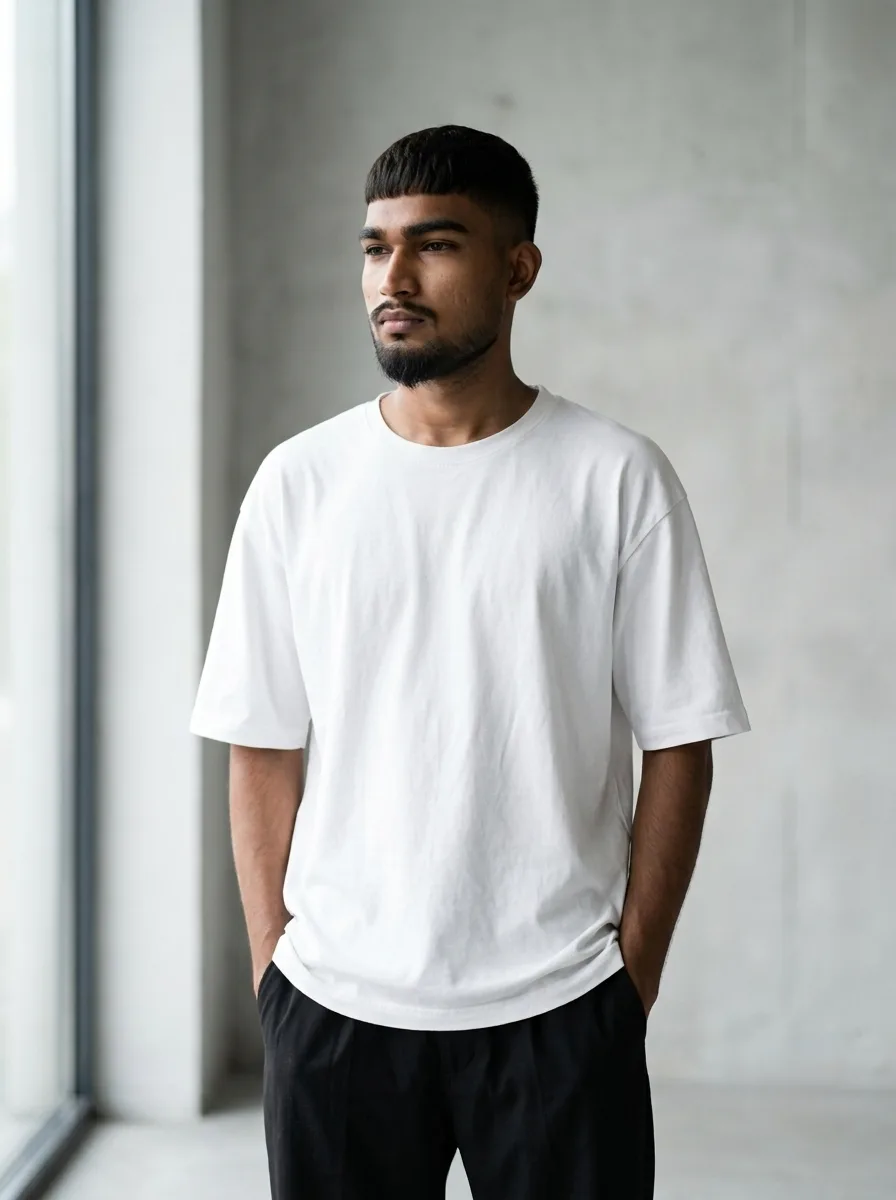 Photorealistic fashion editorial portrait of a young South Asian man in his early 20s with short textured bowl-cut fade black hair,