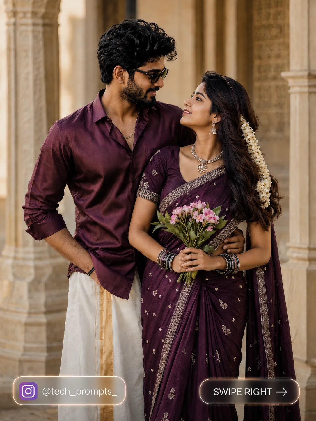 Create an ultra-realistic, cinematic romantic portrait of a young South Indian couple standing closely together in a softly lit traditional