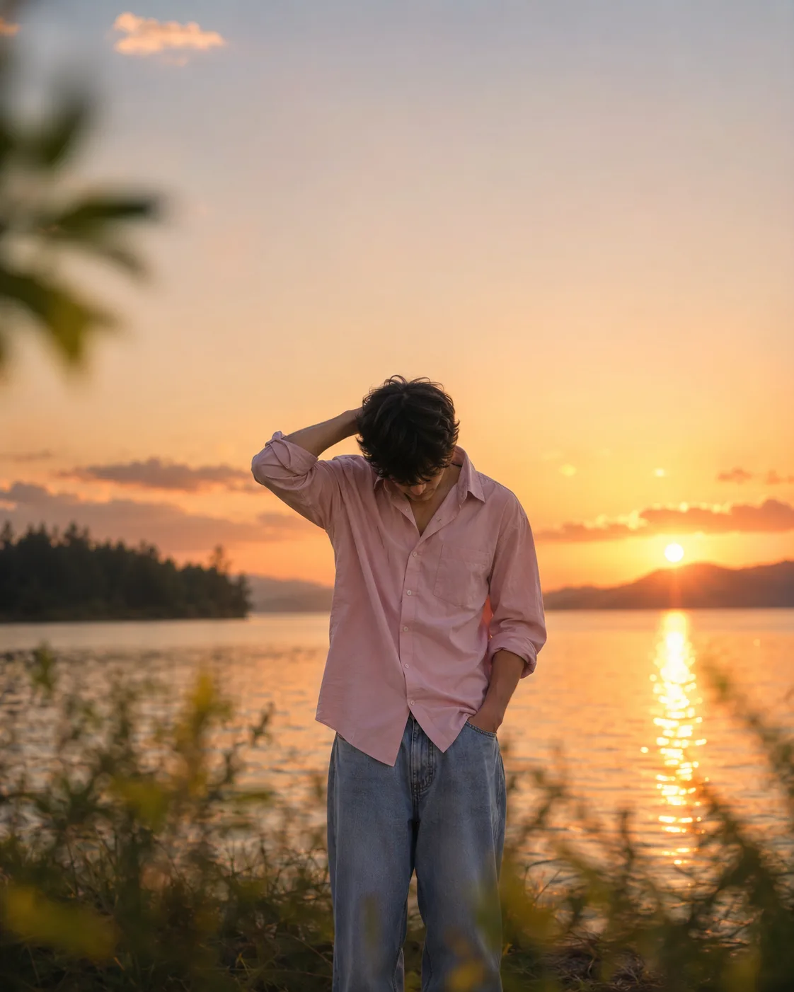 Ultra-realistic cinematic portrait of a young South Asian man standing by a peaceful lakeside at sunset.