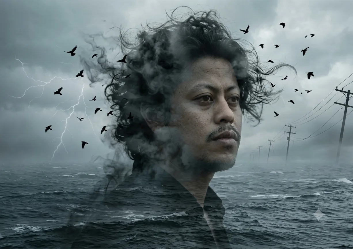 A haunting double exposure artwork of a man (me) with windswept hair, his face partially dissolving into a vast stormy sea.