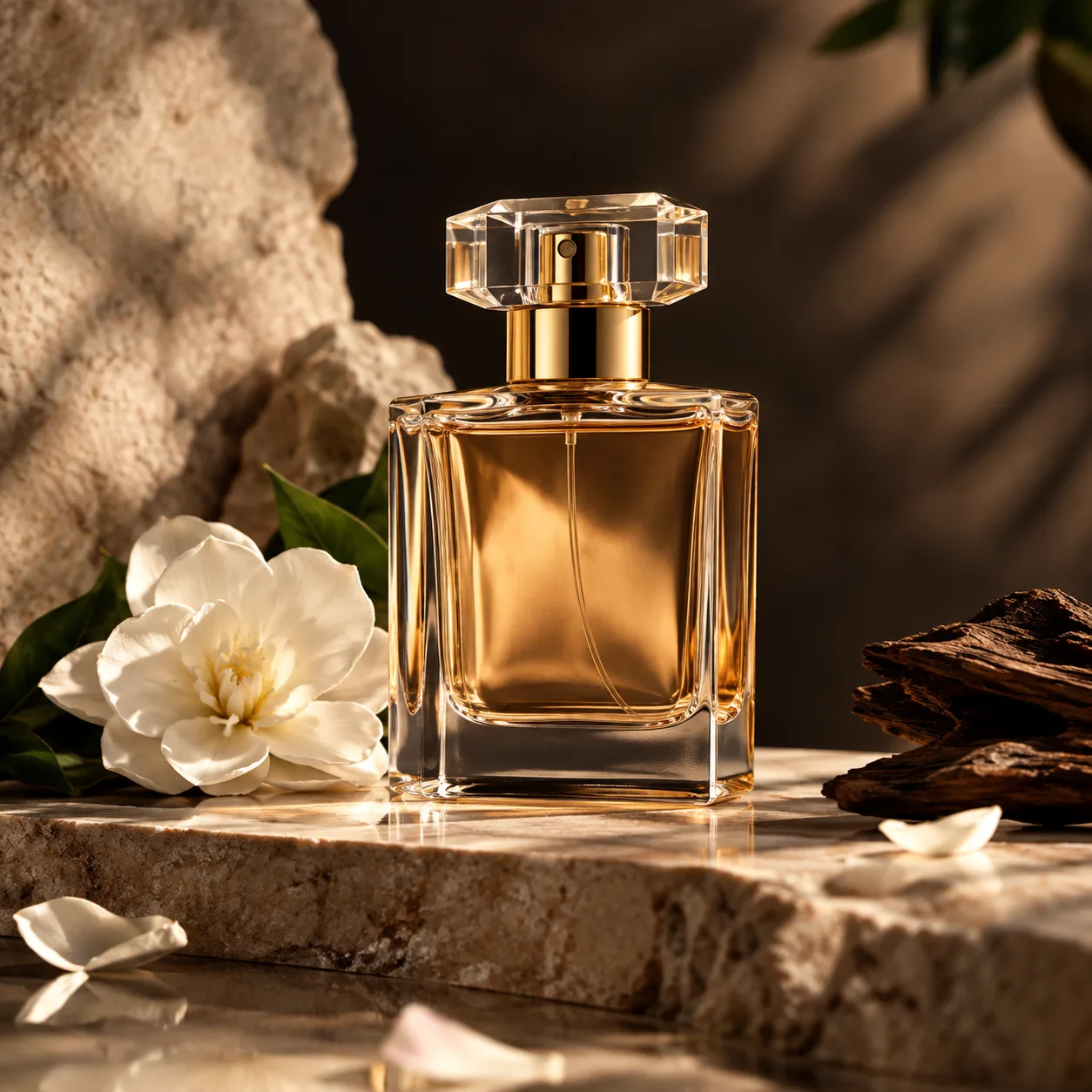 A cinematic, high-end fragrance editorial featuring a faceted glass perfume bottle filled with warm amber liquid, topped with a