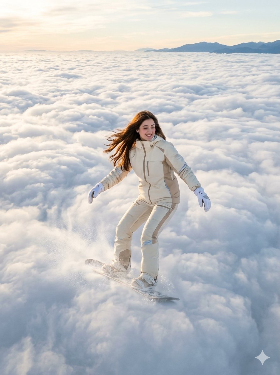 Image using on Gamini Nano banana pro Prompt: A hyper-realistic, 8k, high-angle wide shot captures a beautiful girl gracefully snowboarding