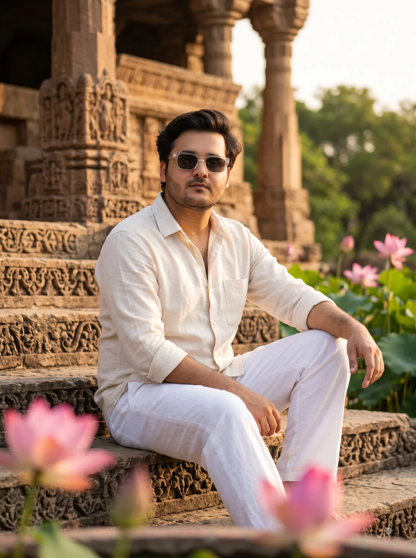 Create a “highly photorealistic cinematic Indian lifestyle portrait” of a young South Asian/Indian man sitting casually on the ancient
