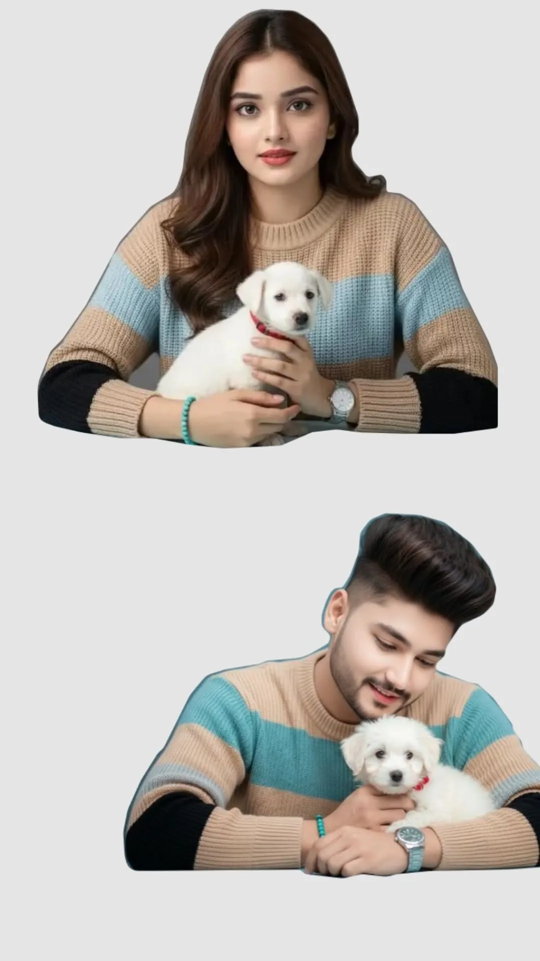 A studio portrait of a young South Asian couple wearing matching knit sweaters with beige, light blue, and black stripes.