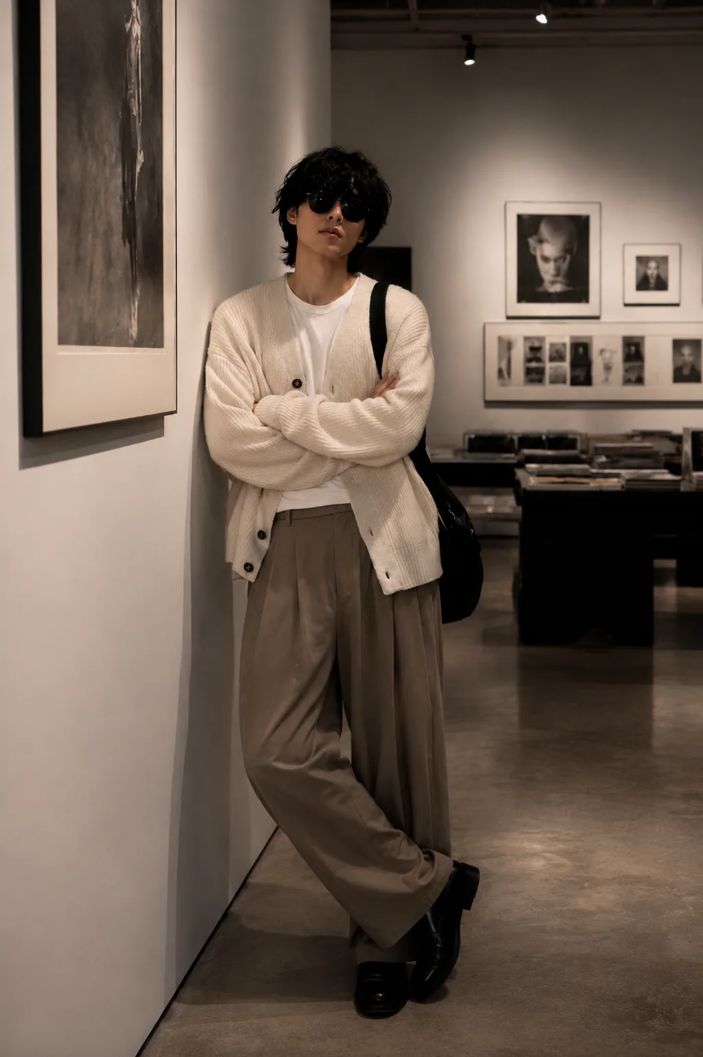 A breathtakingly handsome young male fashion model standing confidently inside an exclusive contemporary art gallery, surrounded by elegant
