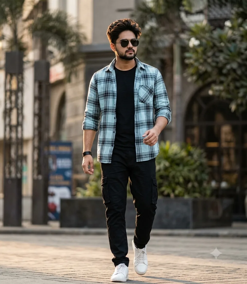 Ultra realistic cinematic full body portrait of a handsome young Indian boy, confident walking pose, black t-shirt and black luxury premium