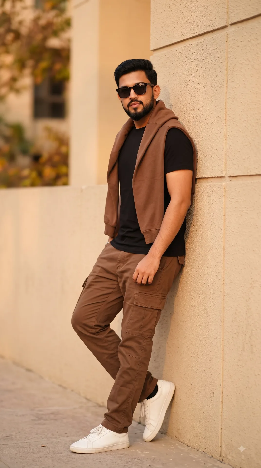 A stylish young man wearing a black T-shirt, brown cargo pants, sunglasses, and a brown sweater draped over his shoulders, leaning casually
