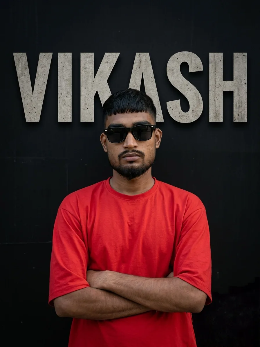[A young man with a stylish haircut and sunglasses, wearing a loose red t-shirt, stands in front of a black wall with the name 'VIKASH' in