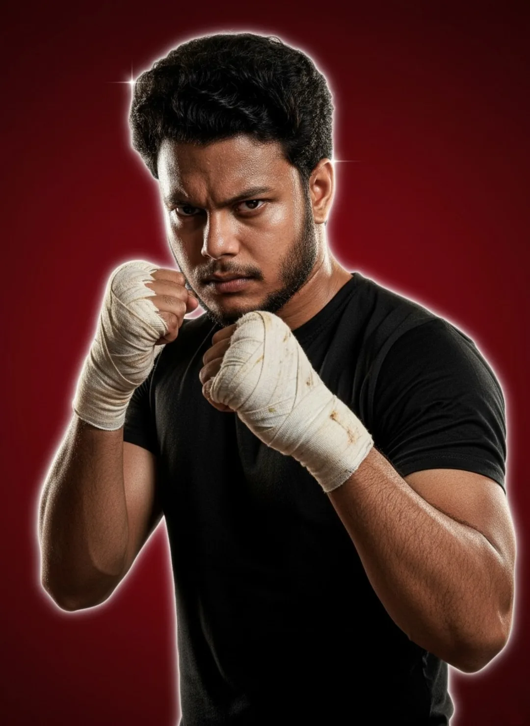 A dramatic studio portrait of a young South Asian man with short curly black hair and a trimmed beard, intense focused expression, fists