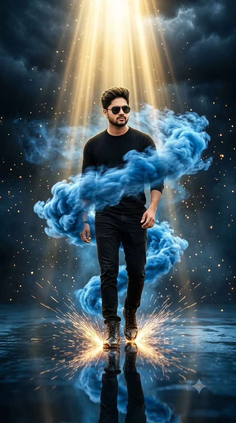 Photorealistic 9:16 full-body portrait of a confident South Asian man in a black shirt and black jeans walking forward.