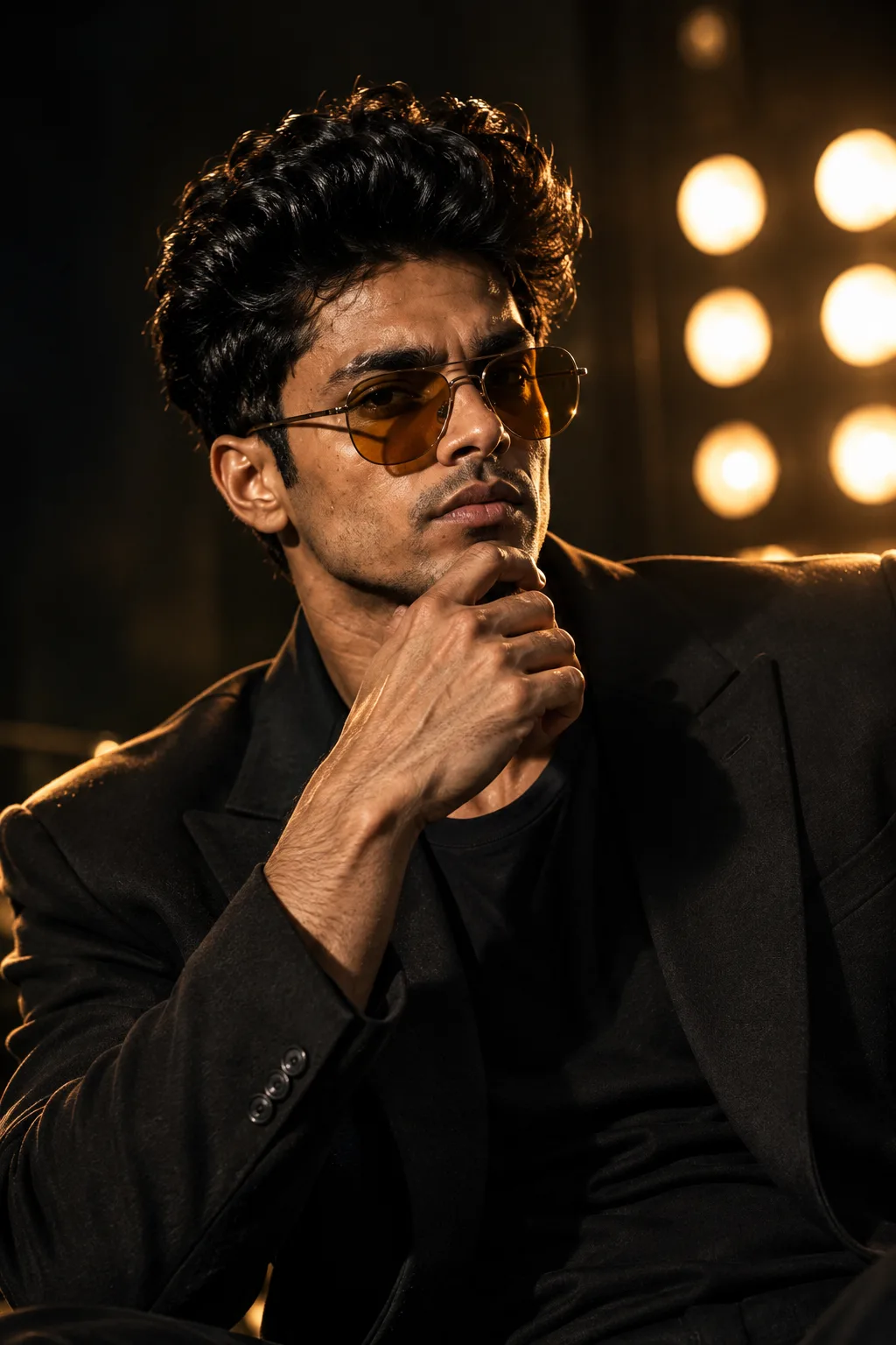 { "objective": "Create a dramatic, high-contrast cinematic portrait of a stylish young man in a premium black suit with selective warm