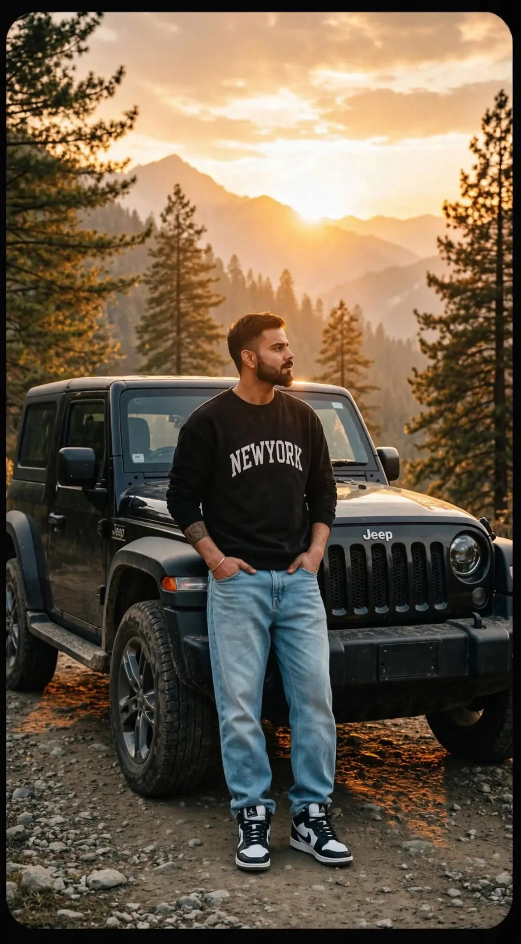 Cinematic portrait of a young Indian man with short dark hair and trimmed beard, wearing a black "NEWYORK" sweatshirt, light blue baggy