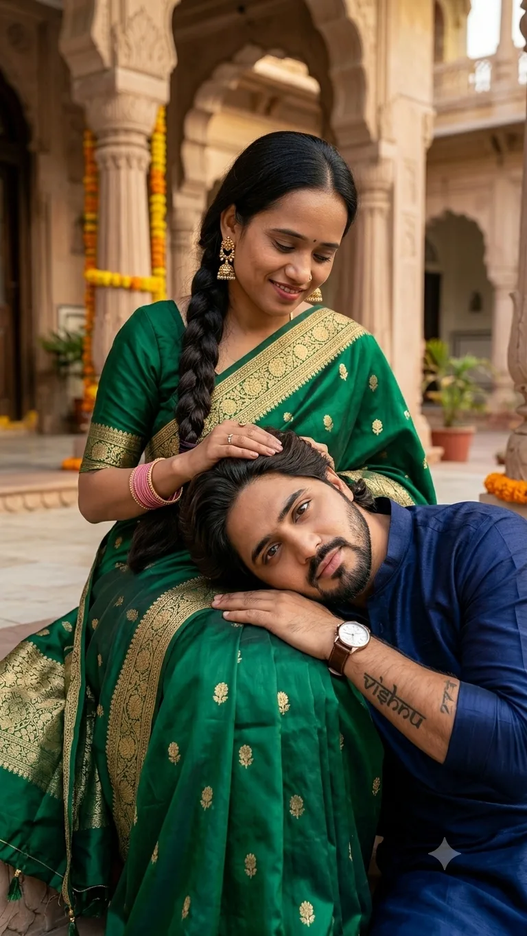 > **CONCEPT:** A photorealistic portrait photograph featuring the same couple from `image_78.png`, preserving their exact pose, facial