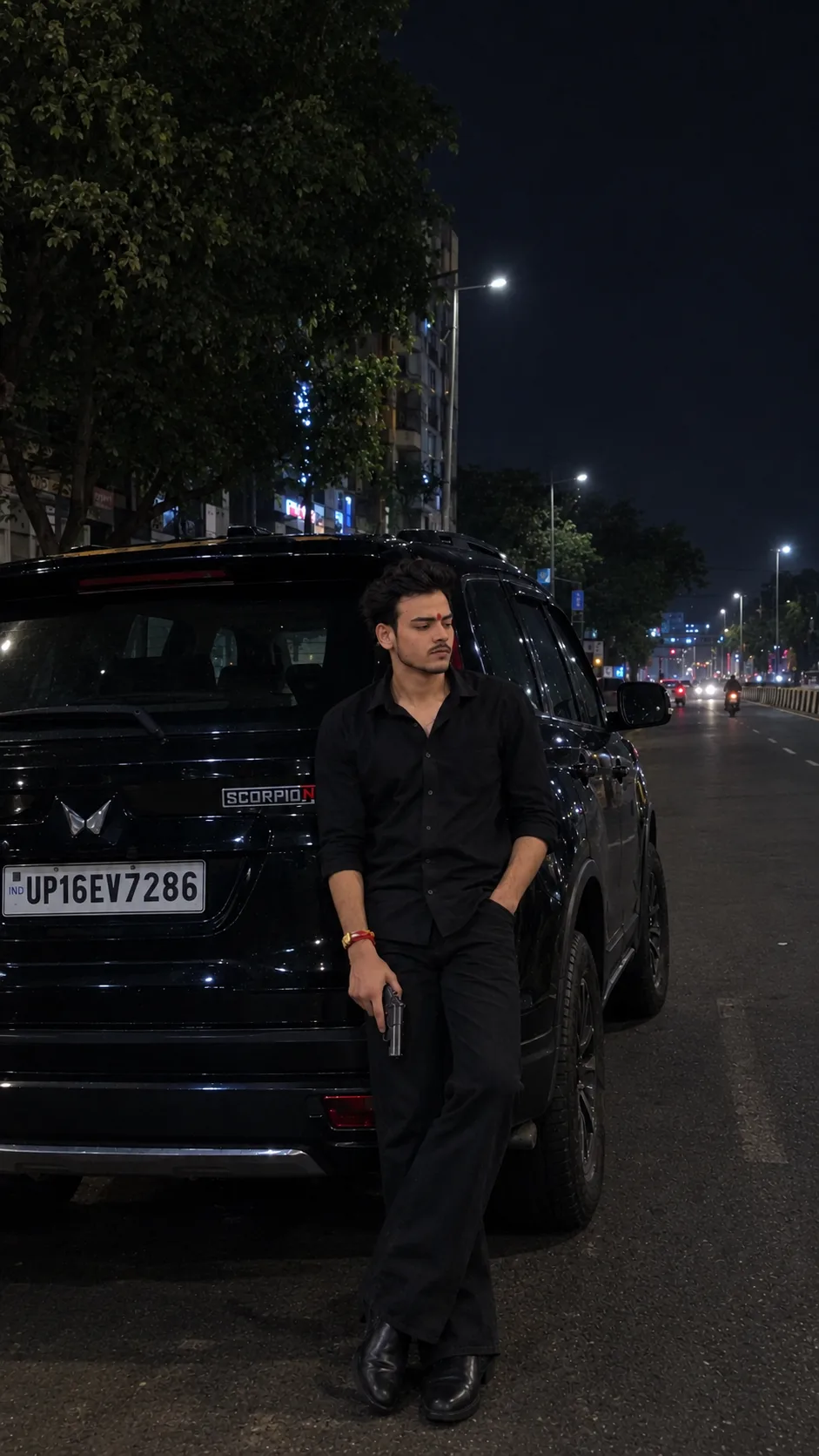 Create an ultra-realistic nighttime street photograph of the person from the provided reference image, preserving his exact facial