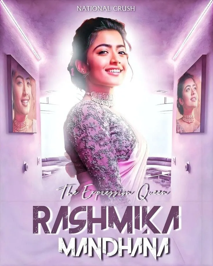 A photorealistic vertical graphic poster in 3:4 aspect ratio featuring Indian actress Rashmika Mandanna, faithfully preserving her