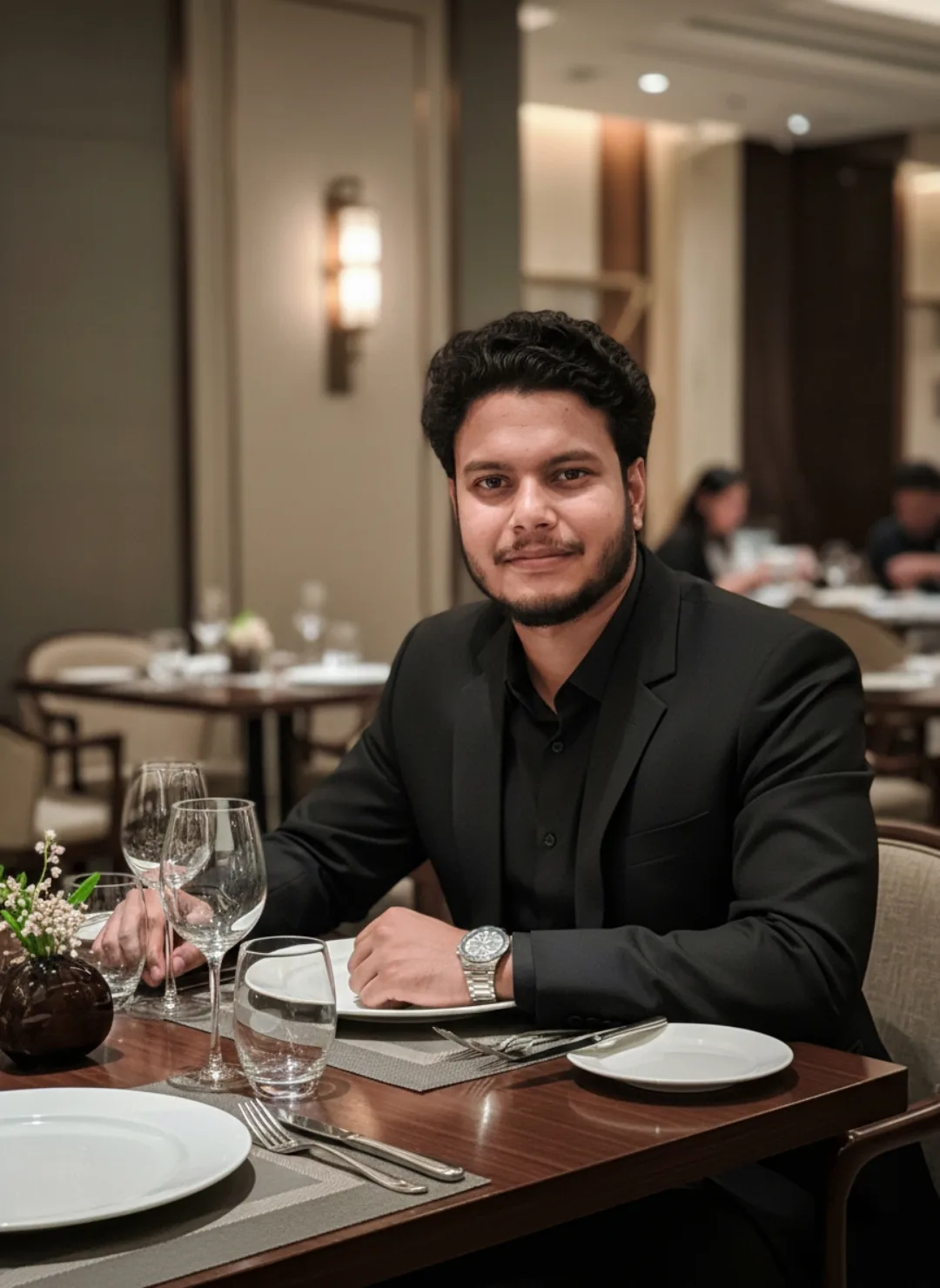 A handsome young South Asian man with curly black hair, light stubble beard, and warm brown eyes sits at a formal restaurant table, looking