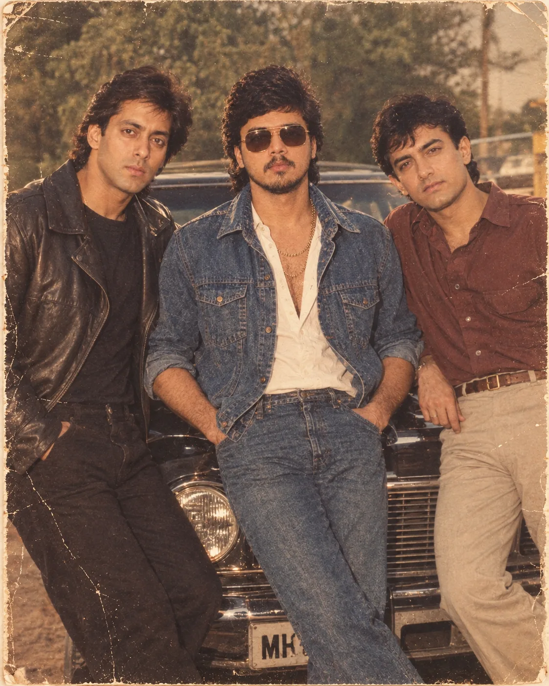 “Use my reference face with Salman Khan and Aamir Khan standing beside me, posing confidently near a classic vintage car.