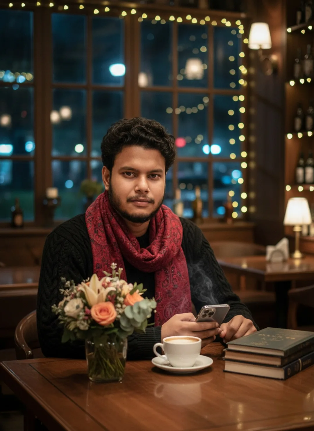 Prompt: A young South Asian man with curly dark hair, short beard and mustache, sitting at a polished wooden table in a warm cozy cafe at