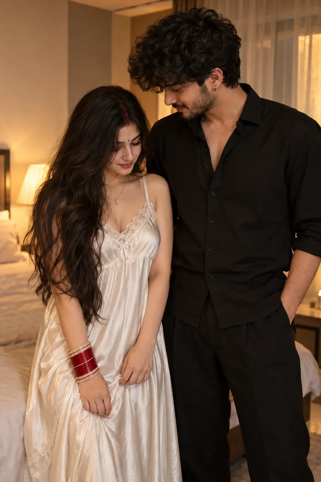 A photorealistic vertical medium shot in 2:3 aspect ratio capturing the young South Asian couple from the reference image in an intimate