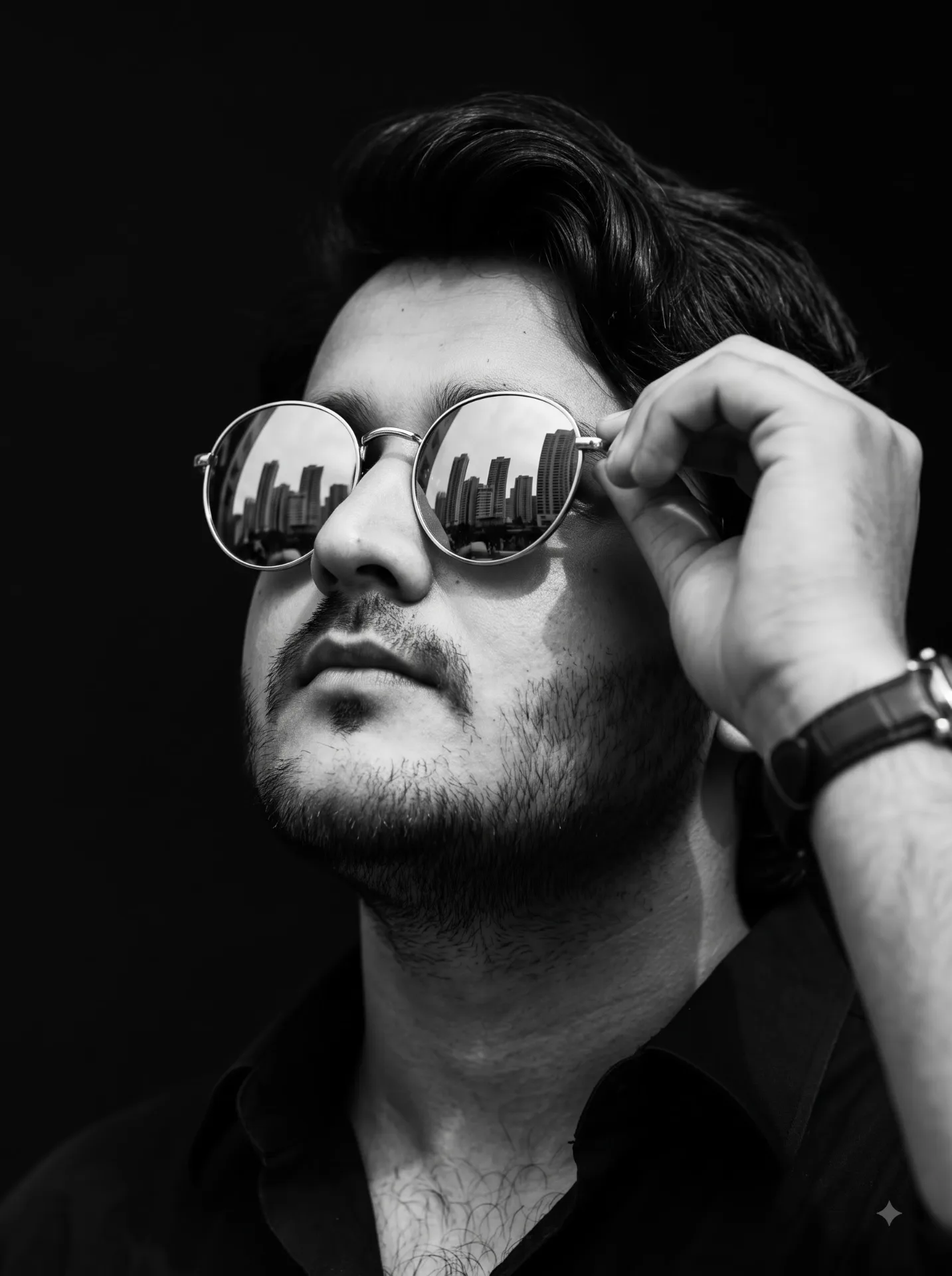 Dramatic, ultra-realistic close-up in black and white with high-contrast cinematic lighting from the side, highlighting the contours of his