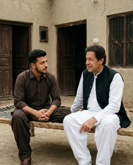 an ultra-realistic cinematic photograph of two Pakistani men sitting casually side-by-side on a traditional woven charpai in a rustic