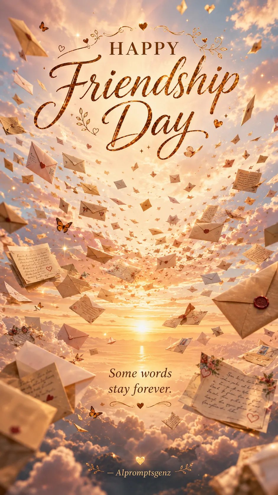 Floating Friendship Letters 💌 Thousands of handwritten friendship letters flying through the sky like birds above a peaceful sunrise.