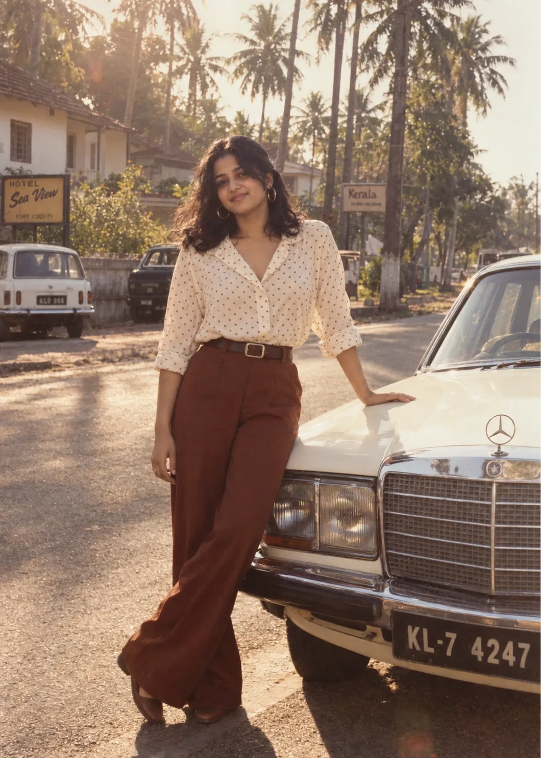 Create a natural, authentic 1980s-style 5:7 vertical photograph: a young South Indian woman casually posing beside the front of a vintage