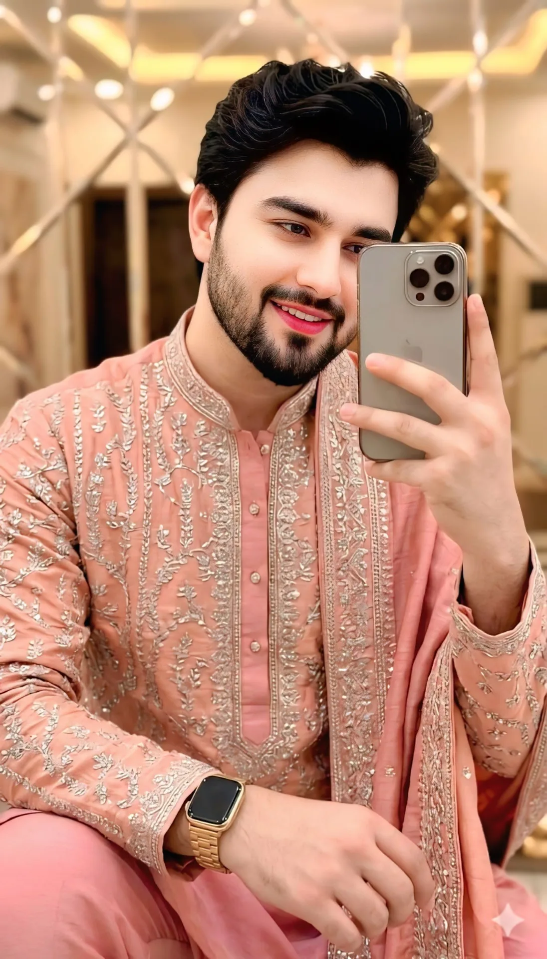 A photorealistic, high-quality mirror selfie of a handsome young Pakistani man with thick, perfectly styled black hair and a well-groomed