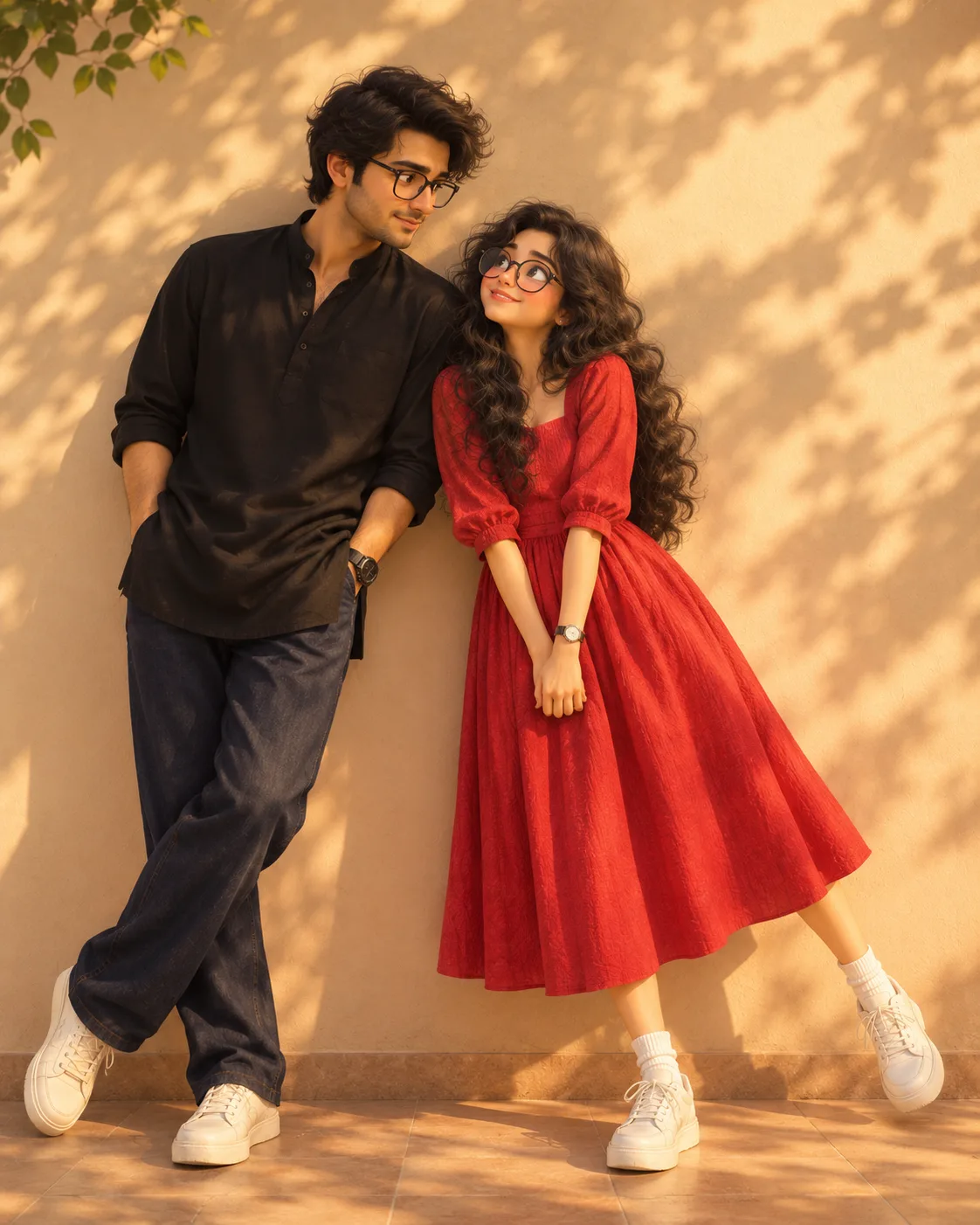 "create Warm cinematic 3D animated illustration of a cute young Indian couple standing playfully together against a simple cream-beige