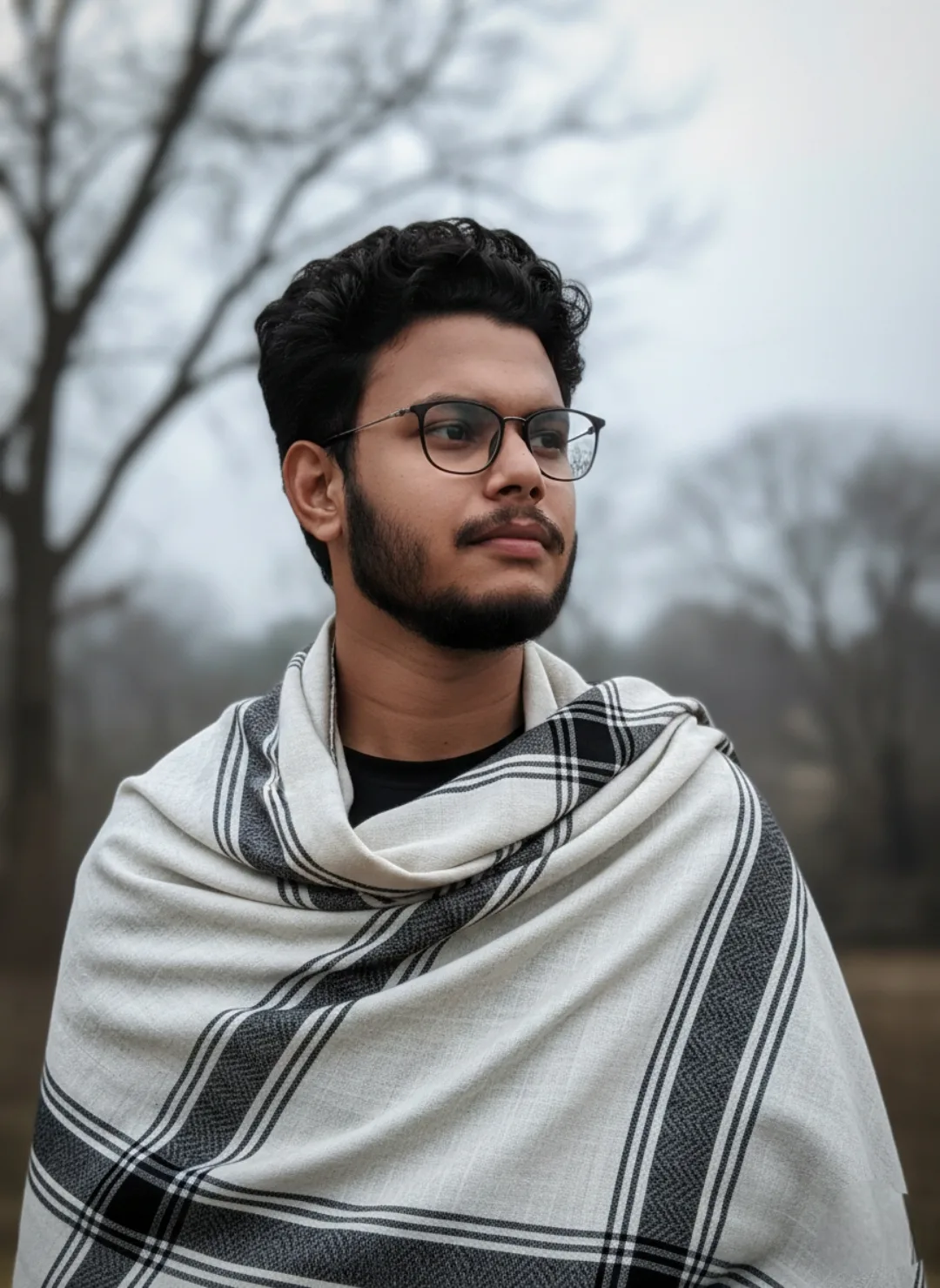 A realistic portrait of a young Indian man in his early 20s, medium-dark skin tone, short curly black hair styled neatly, full well-groomed