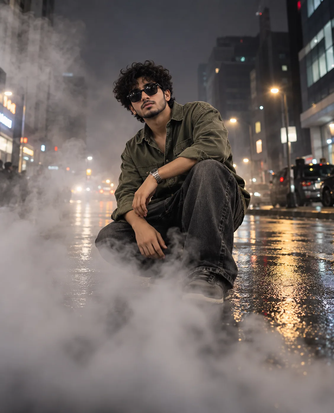 A low-angle, cinematic street shot of a young South Asian man with curly black hair and dark sunglasses.